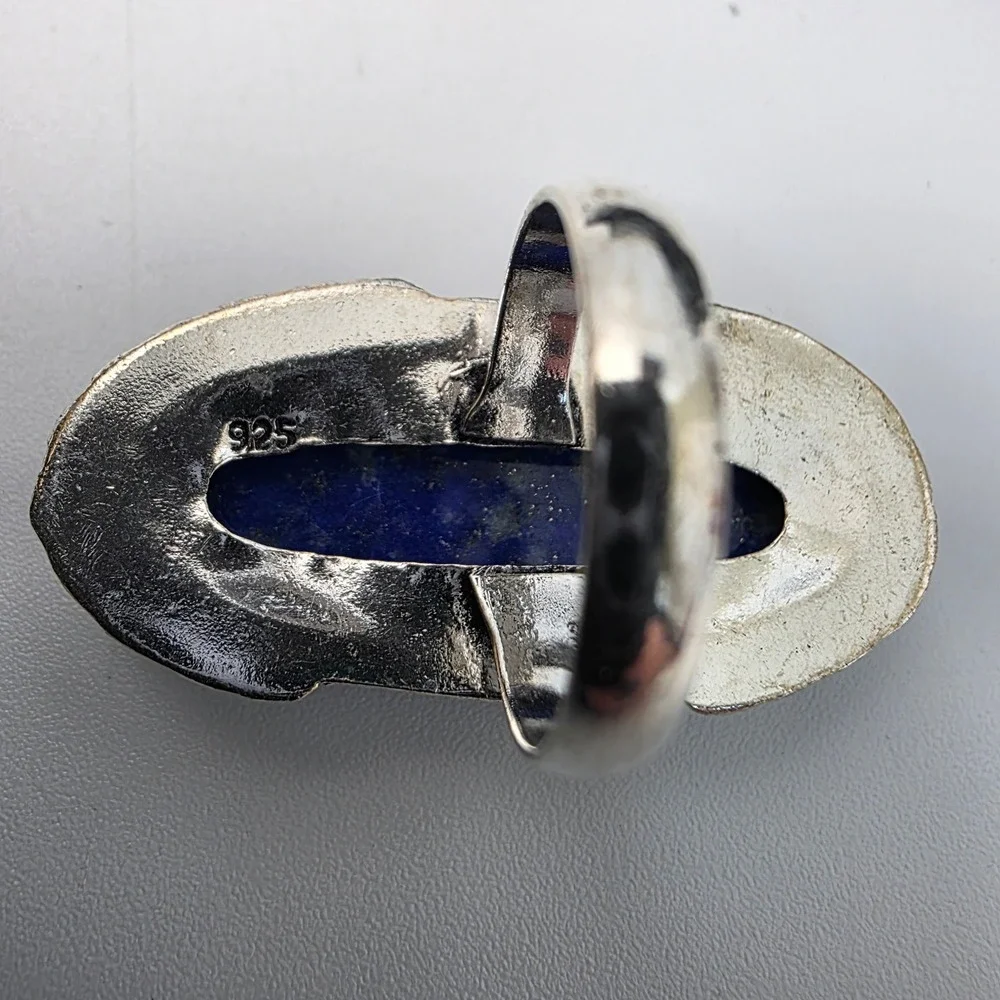 Tibetan Handmade Lapis Lazuli 925 Stamped Sterling Silver Plated Ring Size 8.75